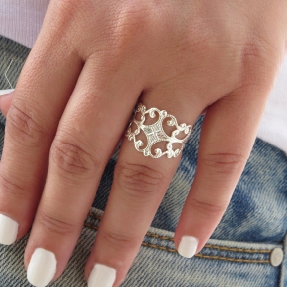 Silver Ring - Filigree Ring, Adjustable Ring, Statement Ring, Silver Band Ring, - Picture 1 of 4